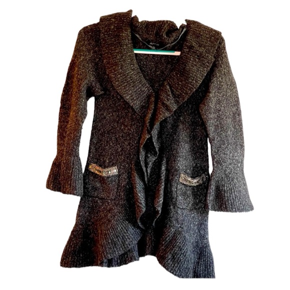 APT. 9 Women's Gray Cardigan Sweater Top Wool Ruffle Rhinestone Pockets, Sz S - Picture 1 of 16